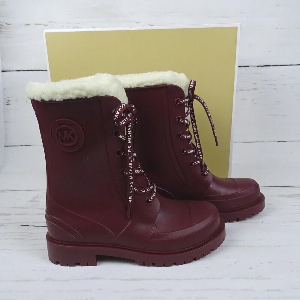 MICHAEL Michael Kors Women's Montaigne Rain Boots Faux Fur Logo Dark Berry New 6
